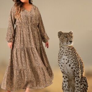 Boho Maxi Dress in Beige Animal Print - Women Dresses Maxi